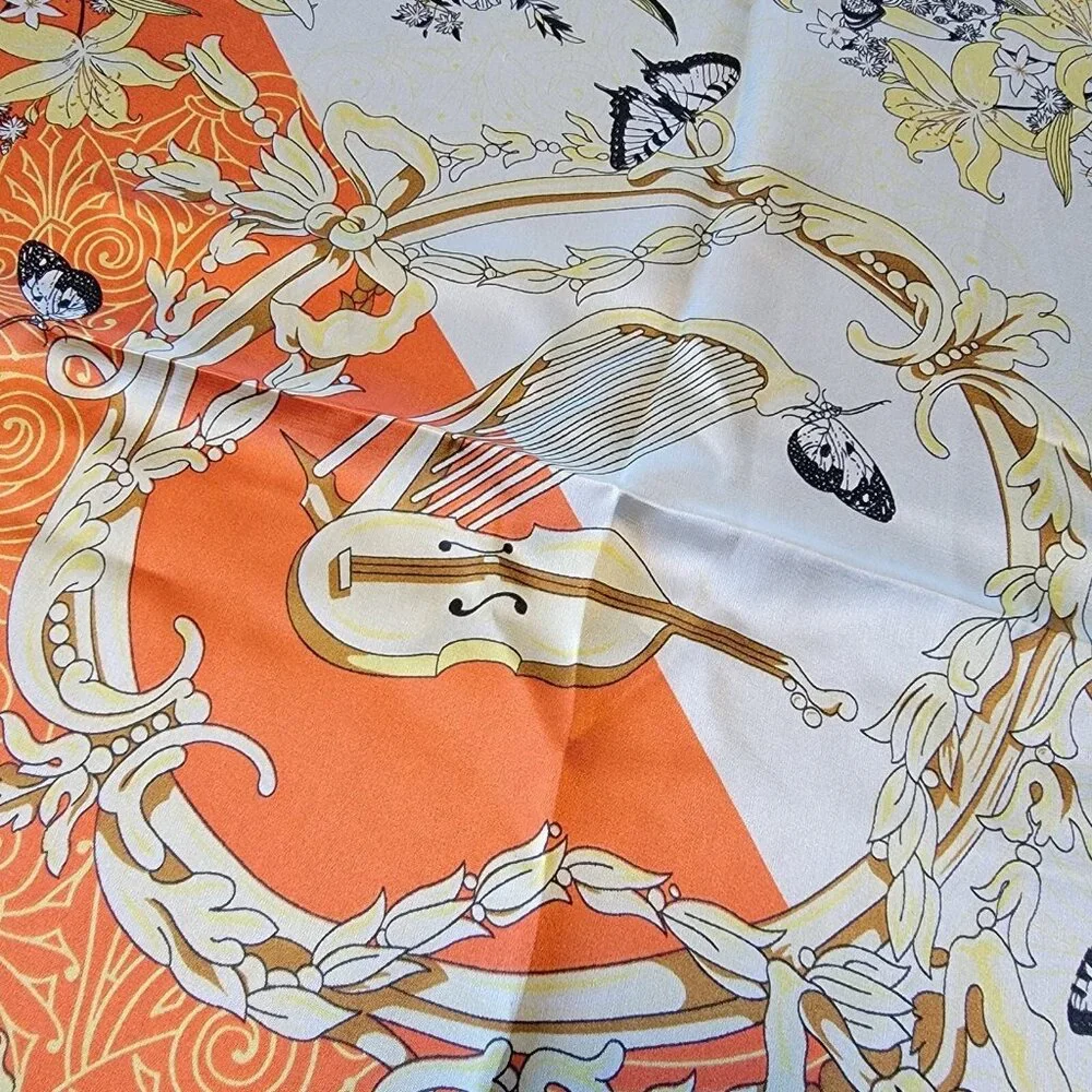 NORACORA Scarf FLORAL‎ BUTTERFLY Music ORANGE SQUARE Polyester  21 In Square